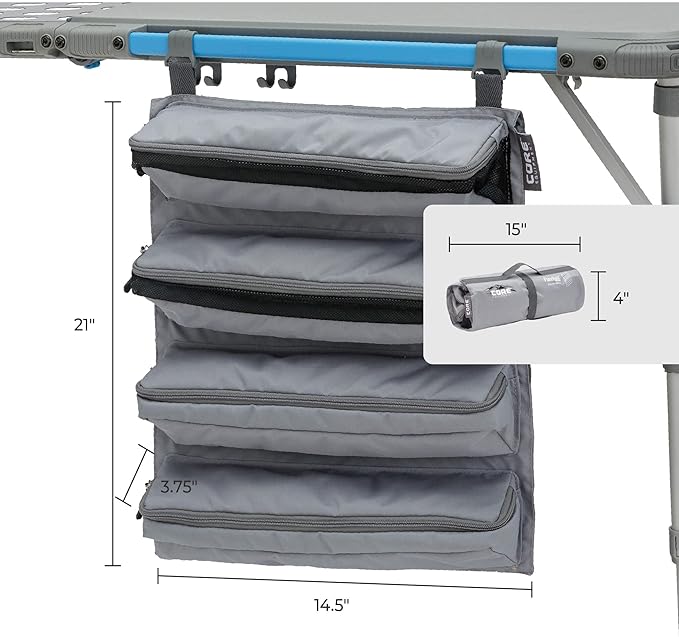 CORE Hanging Organizer | Fits The 4 Foot Outdoor FlexRail Camp & Cook Table | Portable for Beach, Picnic, Backyards, BBQ, Tailgate, Patio, and Party