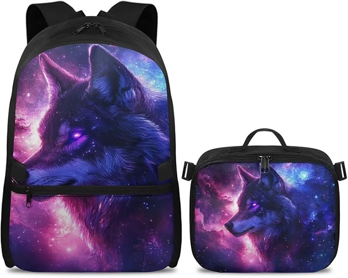 Galaxy Backpack for Men Wolf School Bag for Travel Lightweight Mens Bookbag with Lunch Box for Outdoor Hiking Camping Casual Daycare Back Pack