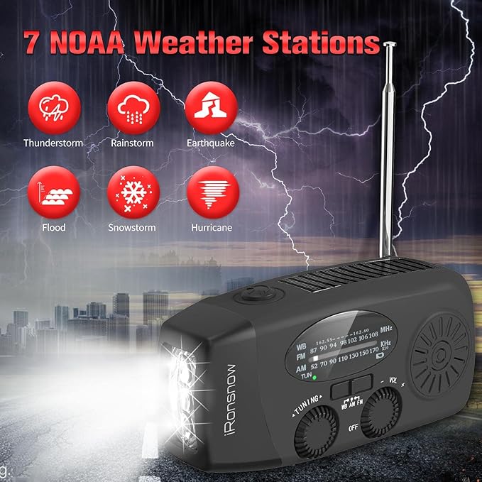 Solar Emergency Hand Crank Weather Radio, Portable Self Powered NOAA AM/FM Radios with SOS Alarm LED Flashlight 2000mAh Smart Phone USB Charger for Camping (Black)