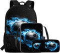 Rnyleeg Soccer Backpack for Kids 3-6 Cool Boys Bookbag Set with Lunch Box Large Capacity School Bag Set 3 Pcs for Primary School Casual Backpack with Accessories