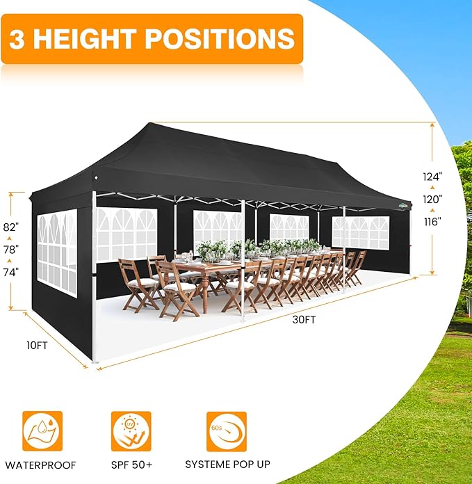 COBIZI 10x30 Pop up Canopy with Roller Bag & 8 Removable Sidewalls, Canopy Tent for Parties, Wedding, and Commercials, Waterproof and Instant Shelter UV50+ Outdoor Gazebo with 4 Sandbags(Black)