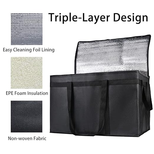 Bodaon 2-Pack Insulated Food Delivery Bag for Hot and Cold Meal, XXXL, Black, Grocery Tote Insulation Bag for Catering, Large Pizza Warmer