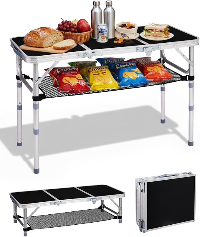 Outvita Folding Table, 3FT Aluminum Camping Table with Storage Adjustable Height Picnic Table Lightweight for Carring Outdoor Party Events Beach