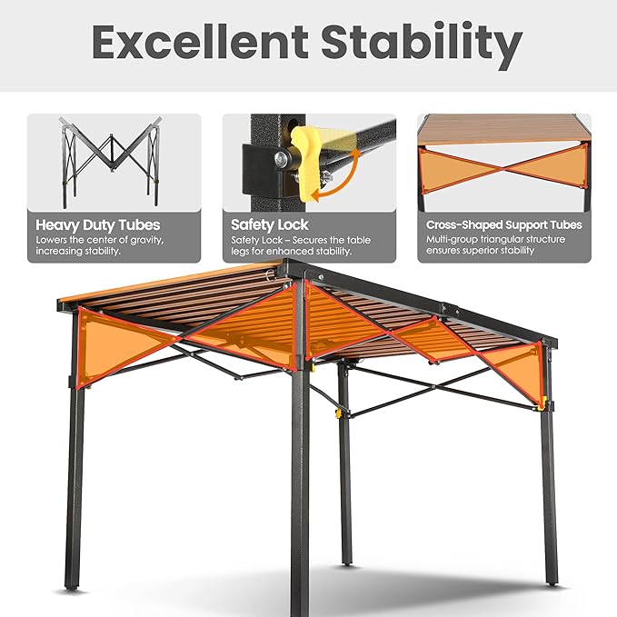 46.4" Large Folding Camping Table for 2-6 People - Heavy Duty Camp Table Foldable with Aluminum Roll-Up Top & Carry Bag - 220lbs Capacity, Portable for BBQ, Tailgating, Backyard (Natural)