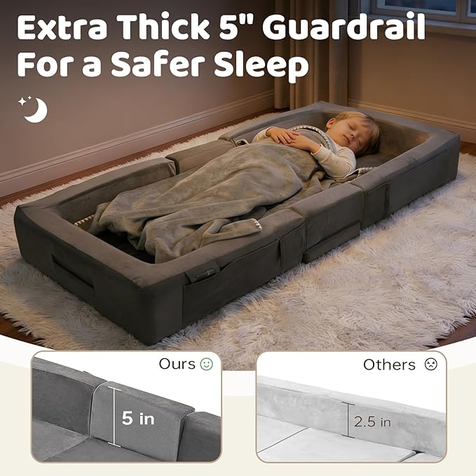 ENITYA Toddler Travel Bed – Portable Foldable Soft Foam Floor Bed for Kids 1–4yr, No Assembly, Washable Cover, Built-in Safety Rails, Compact for Travel & Home Use, Light Grey