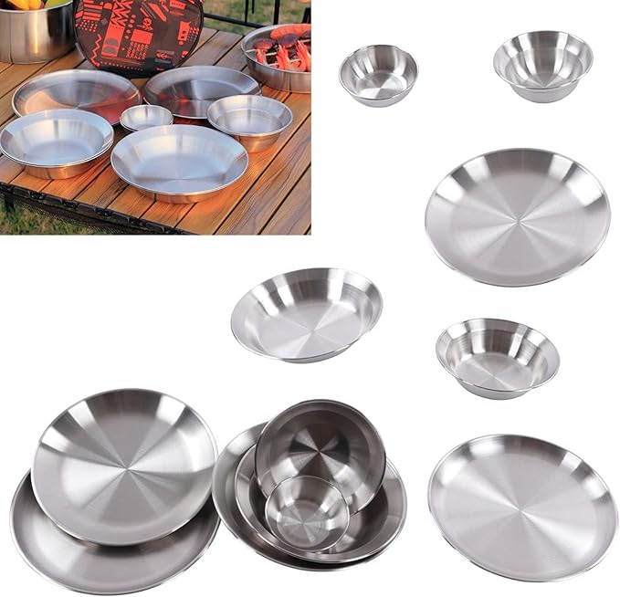 Stainless Steel Camping Plates and Bowls Set, 12PCS Portable Tableware Cookware with Storage Bag, 3.5inch to 9.1 inch, Camping Dish Set for Backpacking, Camping, Hiking, Beach,Outdoor