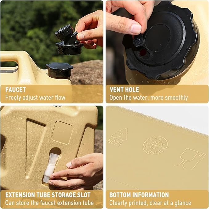3.2 Gallon Water Jug,12L Portable Water Container with Spigot, Cleaning Brush, Detachable Hose & Extra Lid, Dual Handles Design, BPA-Free Camping Hydration Canteen, Outdoor Tank Storage PE - Khaki