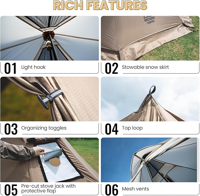 OneTigris Smokey HUT Hot Tent with Stove Jack, Ultralight 4 Season Tipi Tent with Snow Skirt & Detachable Floor for Camping, Hiking, Bushcraft, Backpacking