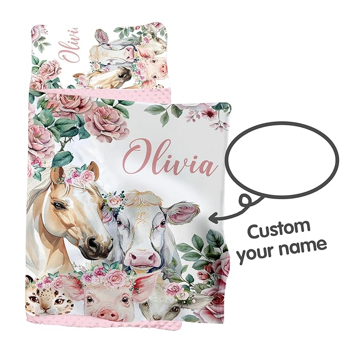 Custom Toddler Nap Mat for Preschool, Personalized Name Pink Kids Sleeping Bag with Horse Pattern for Daycare, Roll Up Sleeping Mat with Removable Pillow and Soft Dot Minky Blanke for Girls Camping