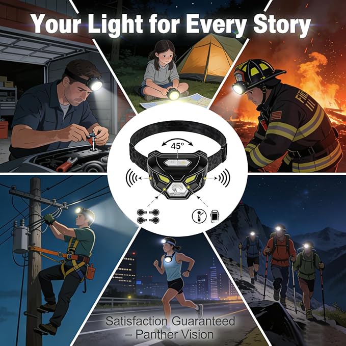 Headlamp Rechargeable - Super Bright LED Head Lamp with Red and White Light for Adults Motion Sensor Streamlight Head Light with Night Buddy Running Camping Hunting Hiking Fishing (Black Panther)