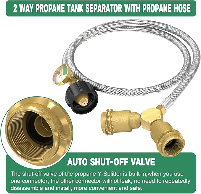 GardenNow 5FT Propane Hose with Propane Splitter 2 Way, Propane Y Splitter Adapter with Shut Off Valve, Two Way LP Gas Adapter Tee Connector for 20lb Propane Tank, Heater, Camping Stove, Gas Burners
