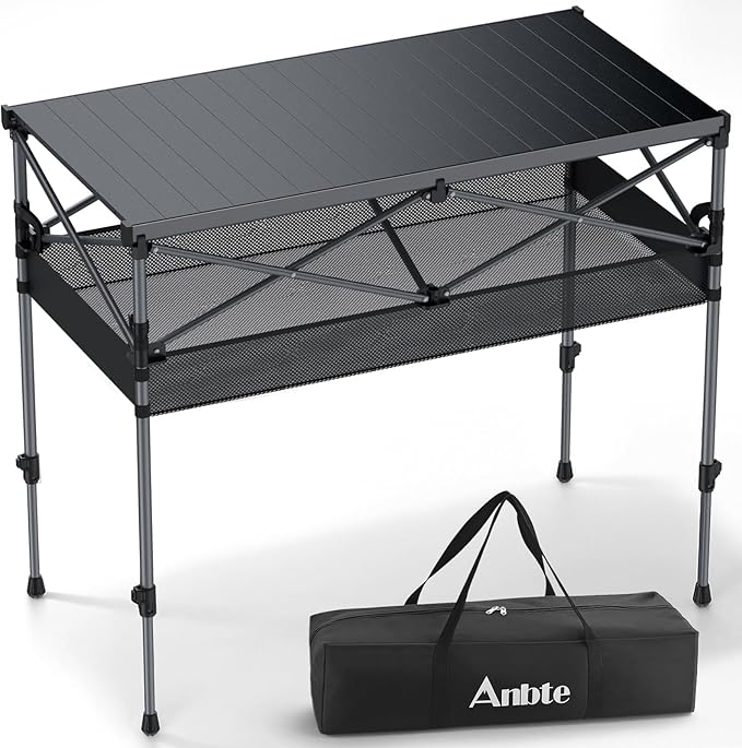 Anbte Camping Table Foldable, 2 Adjustable Height 34.2”, Large Roll Up Camping Table Support 264lbs with Storage Basket and Bag, Aluminum Outdoor Table, for Picnic Travel BBQ, 39.4” x 19.7”, Black
