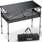 Anbte Camping Table Foldable, 2 Adjustable Height 34.2”, Large Roll Up Camping Table Support 264lbs with Storage Basket and Bag, Aluminum Outdoor Table, for Picnic Travel BBQ, 39.4” x 19.7”, Black