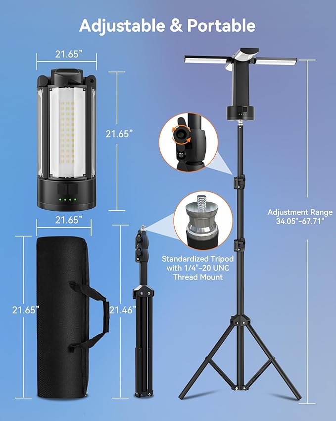 CORESLUX 10400mAh Rechargeable Camping Lights with Stand, 6000K Portable Work Light with 4 LED Lamp Heads, Magnetic Work Light Camping Essentials for Outdoor Work, Garage, Camping, Fishing, 2 Pack