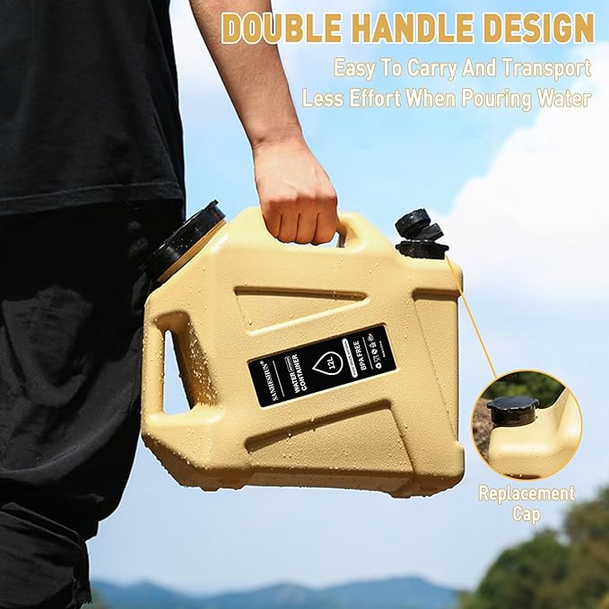 3.2 Gallon Water Jug,12L Portable Water Container with Spigot, Cleaning Brush, Detachable Hose & Extra Lid, Dual Handles Design, BPA-Free Camping Hydration Canteen, Outdoor Tank Storage PE - Khaki