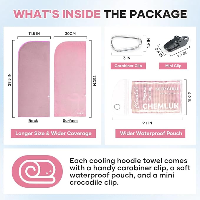 Cooling Hoodie Towel Women: Cooling Towels for Neck and Face, Instant Cool When Wet, UPF 50 Sun Protection, Cool Towel for Hot Weather, Great for Sports, Gym, Golf, Camping - Pink