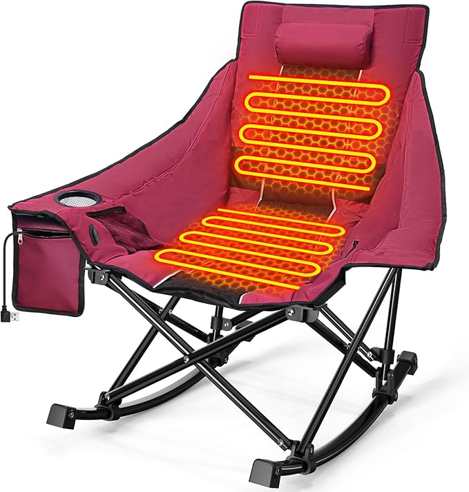 Slendor Oversized Heated Camping Chair, Folding Heated Rocking Chair with Padded Pillow, 3 Adjustable Heat Settings Portable Camp Chair for Outdoor & Indoor Use, NO Power Bank, Red