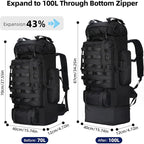 70L/100L Camping Hiking Backpack with Rain Cover, Expandable Large Military Tactical Backpack, Waterproof Molle Racksack Travel Backpacking Daypack for Climbing Trekking (Black)