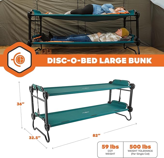 Disc-O-Bed Portable Cam-O-Bunk Bed Large 2 Adult Sleeping Cot for Camping, Green