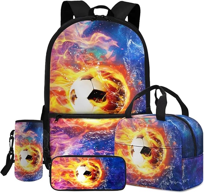 Football School Backpack 17 Inch with Lunch Box and Water Bottle Bag Large Capacity Pencil Case Lightweight Teen Bookbag for Boys Ages 8-16 Kindergarten Elementary Middle Camping Travel
