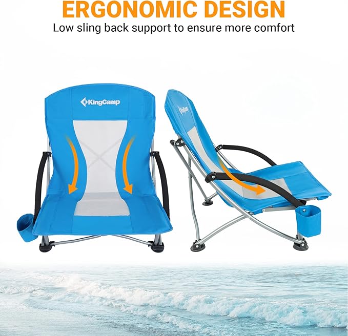 KingCamp Low Beach Chairs, Folding Portable Chair for Adults Lightweight Extra Wide Seat 300lbs Heavy Duty Oversized Backpack, Carry Bag for Camping
