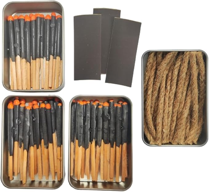 Survival Waterproof Match Kit – 20/40/60/80/100 Fire Starters with Extra Striker, Metal Tin & 20 Waxed Tinder Cords – Stormproof Windproof for Camping & Emergency (3 x Tin Matches + 20 Wax Ropes)