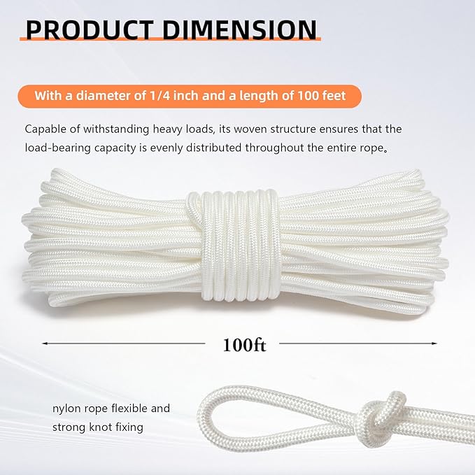 Nylon Rope, 1/4 inch 100FT Nylon Poly Rope Utility Cord Strong Polyester for Camping, Hiking, Clothesline, Tie, Flag Pole, Marine, Outdoor Swing (6mm White)