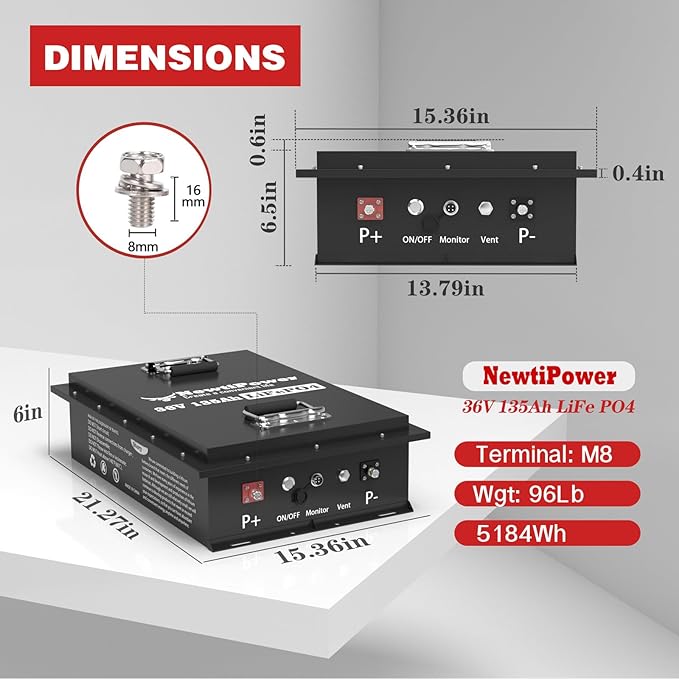 36V 135Ah LiFePO4 Battery Small Size, 5184Wh Lithium Battery with 200A BMS, Up to 10000+ Rechargeable Cycles, Perfect for Golf Cart, Trolling Motor, Solar Power Storage (36V*135Ah)