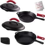 Cast Iron Skillet Set with Lids - 10"+12"-inch Pre-Seasoned Covered Frying Pan Set + Silicone Handle and Lid Holders + Scraper/Cleaner - Use Indoor/Outdoor, Oven, Stovetop, Fire, BBQ Kitchen Cookware