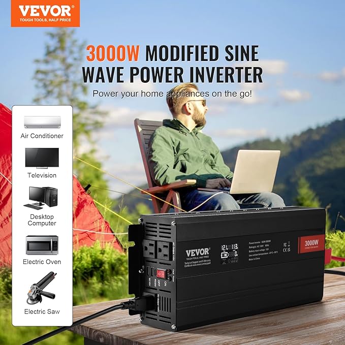 VEVOR Modified Sine Wave Inverter, 3000Watt, DC 12V to AC 120V LCD Display Power Inverter with 3 AC Outlets 2 USB Port 1 Type-C Port 10 Spare Fuses, for Large Household Equipment, CE FCC Certified