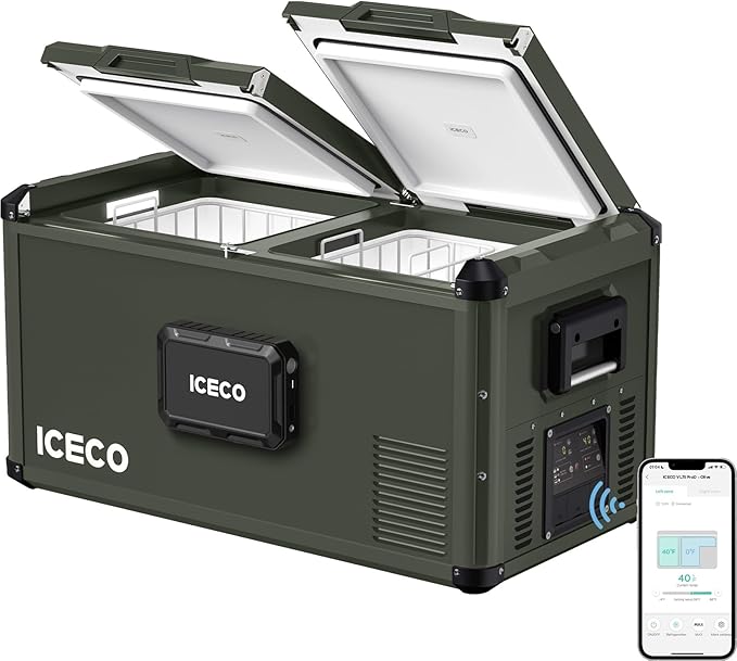 ICECO VL75ProD Portable Refrigerator with Battery, 12v Dual Zone Freezer Powered by SECOP, 75L 12V Fridge, 0°F-50°F, Reversible Lid&APP Control, Dual USB 12/24VDC&110-240VAC, For RV| With Battery