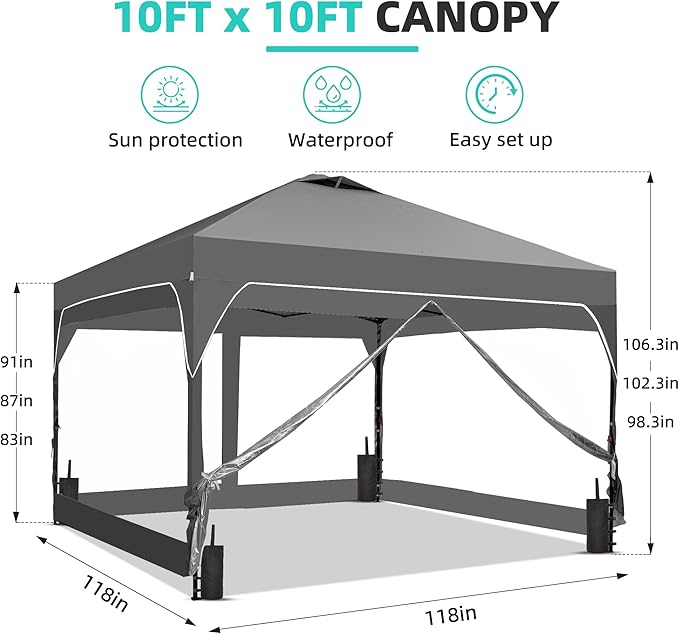 GDY 10x10 FT Pop Up Canopy Tent with One Push Setup,Setup Gazebo with 4 PVC Transparent Sidewalls,Easy Carry for Events, Parties, Camping, Gray