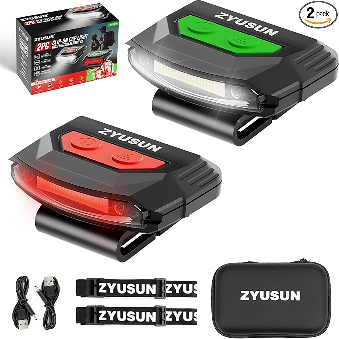 2-Pack Rechargeable Cap Light,Portable headlamps,Clip on Hat with Motion Sensor,Lightweight IPX4 Waterproof,White/Red/Green Night Vision LED Lights for Hunting Fishing Camping Hiking Cycling