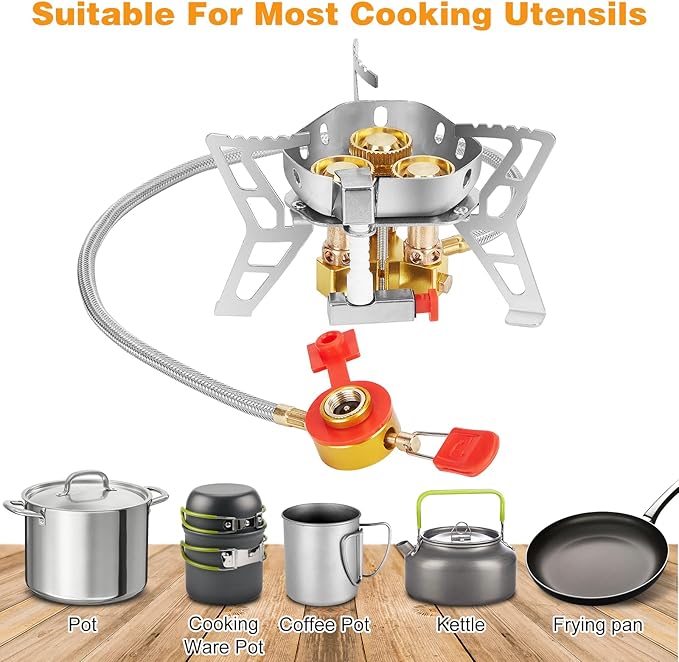 WADEO 6800W Windproof Camping Gas Stove, Small Camping Stove with Piezo Ignition, 1LB Propane Tank Adapter, Butane Adapter for Outdoor Cooking, Picnic, Camping and Hiking