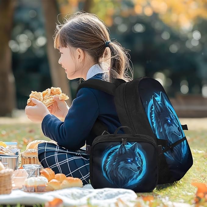 Wolf Backpack for Men Large Capacity School Bag for Teen Boys Polyester Bookbag with Detachable Lunch Box for Travel Outdoor Knapsack Book Bag