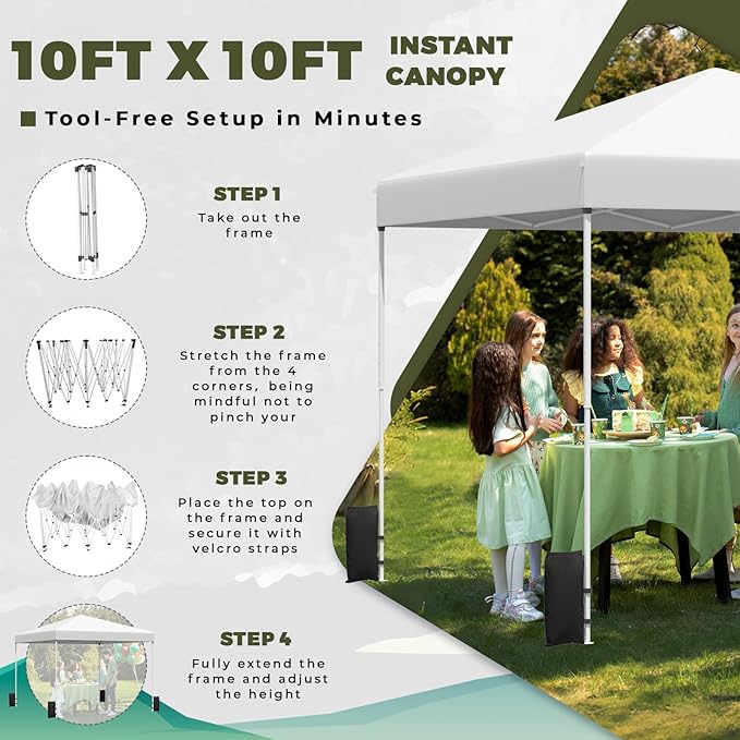 EROMMY 10x10 Pop Up Tent, Easy to Set Up Outdoor Canopy, Portable Gazebo for Events, Parties, Camping with Wheeled Bag, 4 Sand Bags, 4 Ropes and 8 Spikes(White)