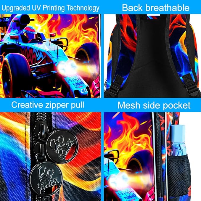 3Pcs Cars Backpack for Boy, 17" Bookbag for Elementary Preschool Kindergarten, Kids Fire School Backpacks with Lunch Box (Red)