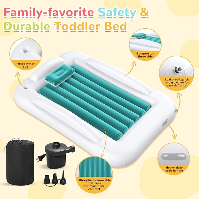 Inflatable Toddler Travel Bed - Portable Toddler Kids Travel Bed with Safety Sides Complete Kids Air Mattress Set with High-Speed Pump, Ideal for Vacation Camping and Sleepover (60 Inches)