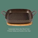 Bloomhouse - Two Time Oprah's Favorite Things Winner - Natural Bronze Finish 12" Square Cast Iron Grill Pan – Olive Oil Treated Surface w/Dual Handles & Olive Wood Trivet, Oven Grill Campfire Safe