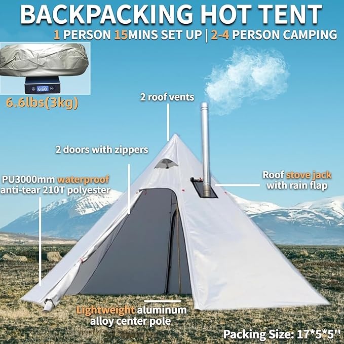 DANCHEL OUTDOOR Backpacking Hot Tent with Stove Jack, 4 Season Lightweight Tipi Tent for 2/4/6 Person Winter Camping Hunting, 10.5FT-16.4FT