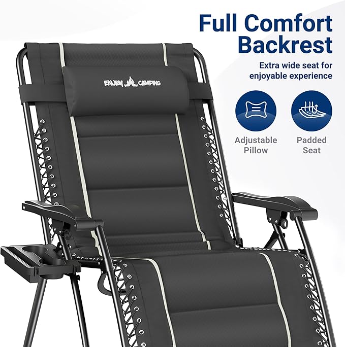 UDPATIO Zero Gravity Chair Oversized Outdoor Anti Gravity Chairs Patio Lounge Folding Adjustable Chair with Cup Holder, Foot Pad & Padded Headrest, Supports 500lbs (1, Grey, 33in)