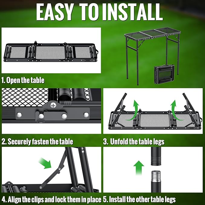 GARLLEN Folding Grill Table, 3-Height Adjustable Lightweight Grill Table with Heat-Resistant Tabletop, Portable Aluminum Camping Table for BBQ, Picnic, Cooking, 35.4" L x 15.7" W, Threaded Install