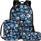 Rnyleeg Soccer Backpack for Boys 6-8 with Lunch Box Novelty Blue Camo Kids Backpack Set Large Capacity Bookbag Set of 3 for Primary School Back to School Supplies