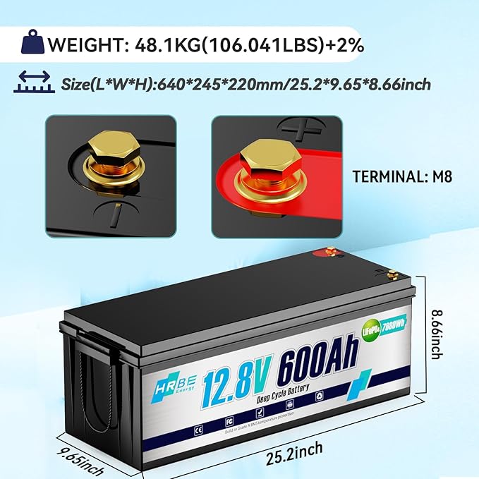 12V 600Ah LiFepo4 Battery Rechargeable Lithium Batteries with 200A BMS, UP to 5000+ Deep Cycles, Perfect for Boat, Marine, RV, Solar, Trolling Motor