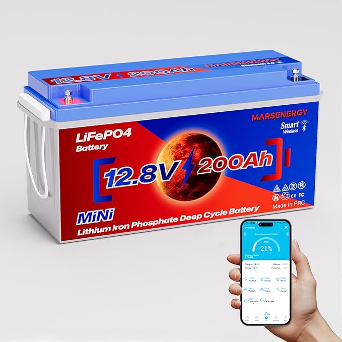 12V 200Ah Lifepo4 Battery with Bluetooth, Built-in 200A Smart BMS, Low-Temp Protection, 4500+ Deep Cycle Grade A Lithium Cells for RV Travel, Trolling Motor, Marine,Boat,Solar Panel,Camping