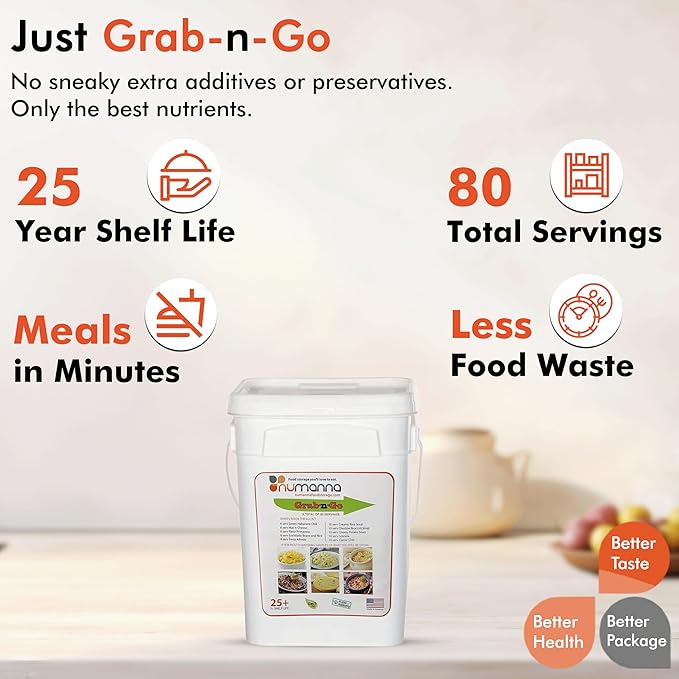 Numanna Grab-n-Go Bucket 80 Servings, 12 lbs | Freeze-Dried Premade Meals | 25+ Year Shelf Life | Non-Perishable, Ready-to-Eat Breakfast & Dinner Everyday Meals | Emergency & Survival Food Kit | Made in USA