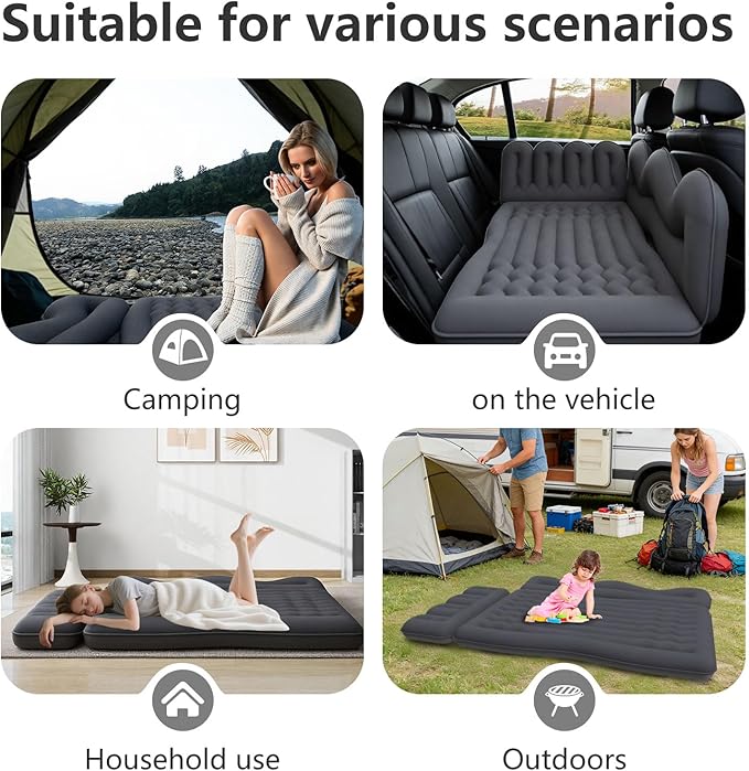 Car Air Mattress, Inflatable SUV Truck Camping Mattress for Back Seat, Thickened Travel Car Bed Sleeping Pad with 2 Round air-Filled Bolster,Air Pump and 2 Pillows (Black)