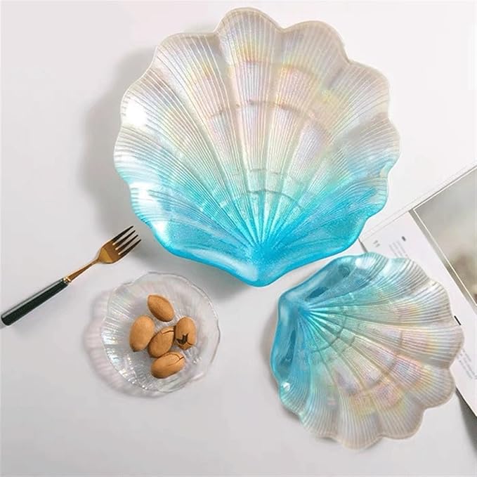 Camping Plates Creative Shell-Shaped Glass Dinner Plate Gradient Color Plate Salad Fruit Plate Dessert Home Kitchen Plate Tableware Decorative Plate(13cm)