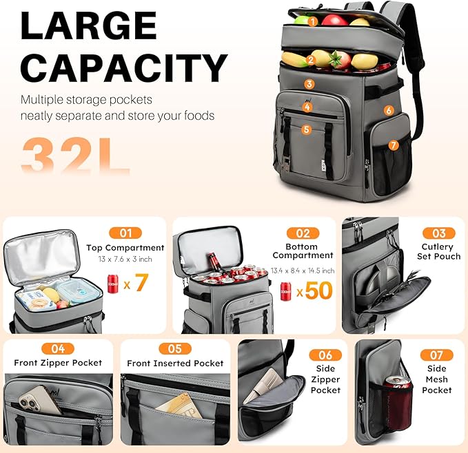 NOL Natural Organic Lifestyle Double Deck Large Waterproof Insulated Cooler Backpack for Men & Women, 32L/57 Cans Leak Proof Cooler Lunch Backpack for Camping, Hiking, Fishing, Picnic，Light Gray