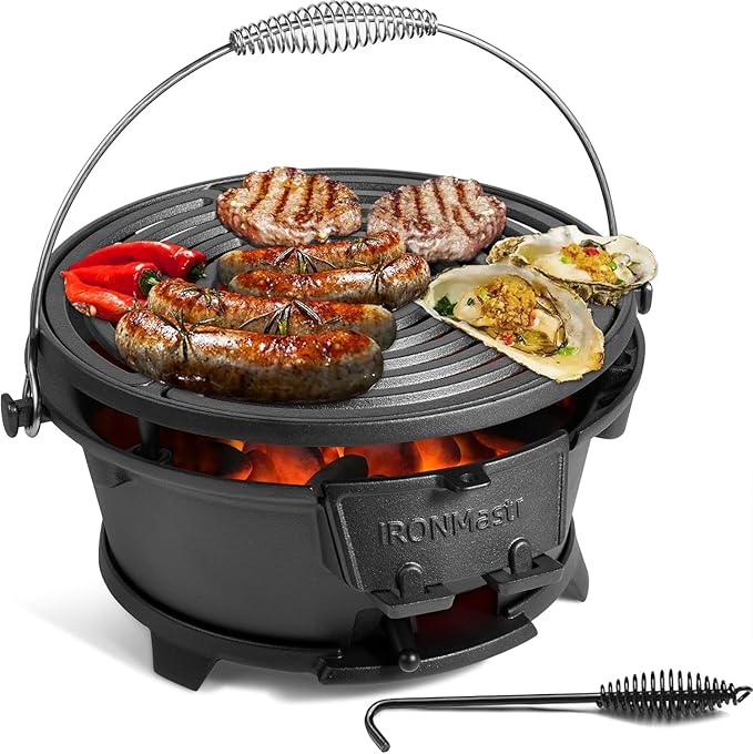 IronMaster Hibachi Grill, 100% Cast Iron, Tabletop Small Portable Charcoal Grill for Outdoor Camping - 2 Heights, Air Control, Coal Door, Ideal for 2 People
